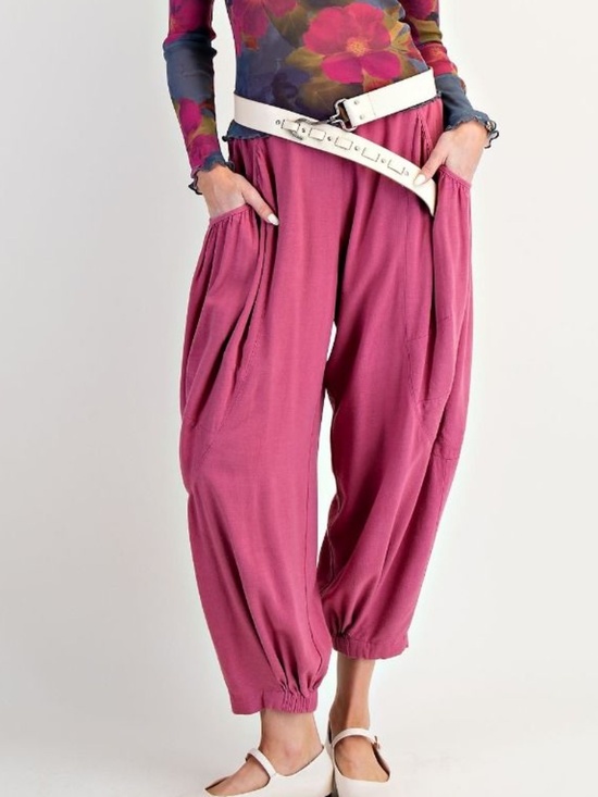 Easel Los Angeles Pants - Easel Pink Stretchy waist Harem Ruched Linen Pants